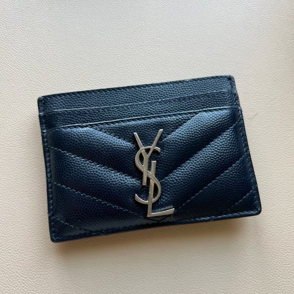 Saint Laurent Matellase Chevron Monogram Card Holder Navy - Picture 5 of 6
